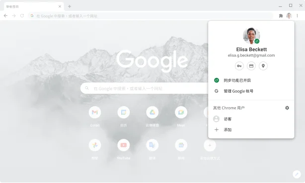 显示 Google 帐号的帐号与同步设置(已启用同步)的 Chrome 浏览器窗口。